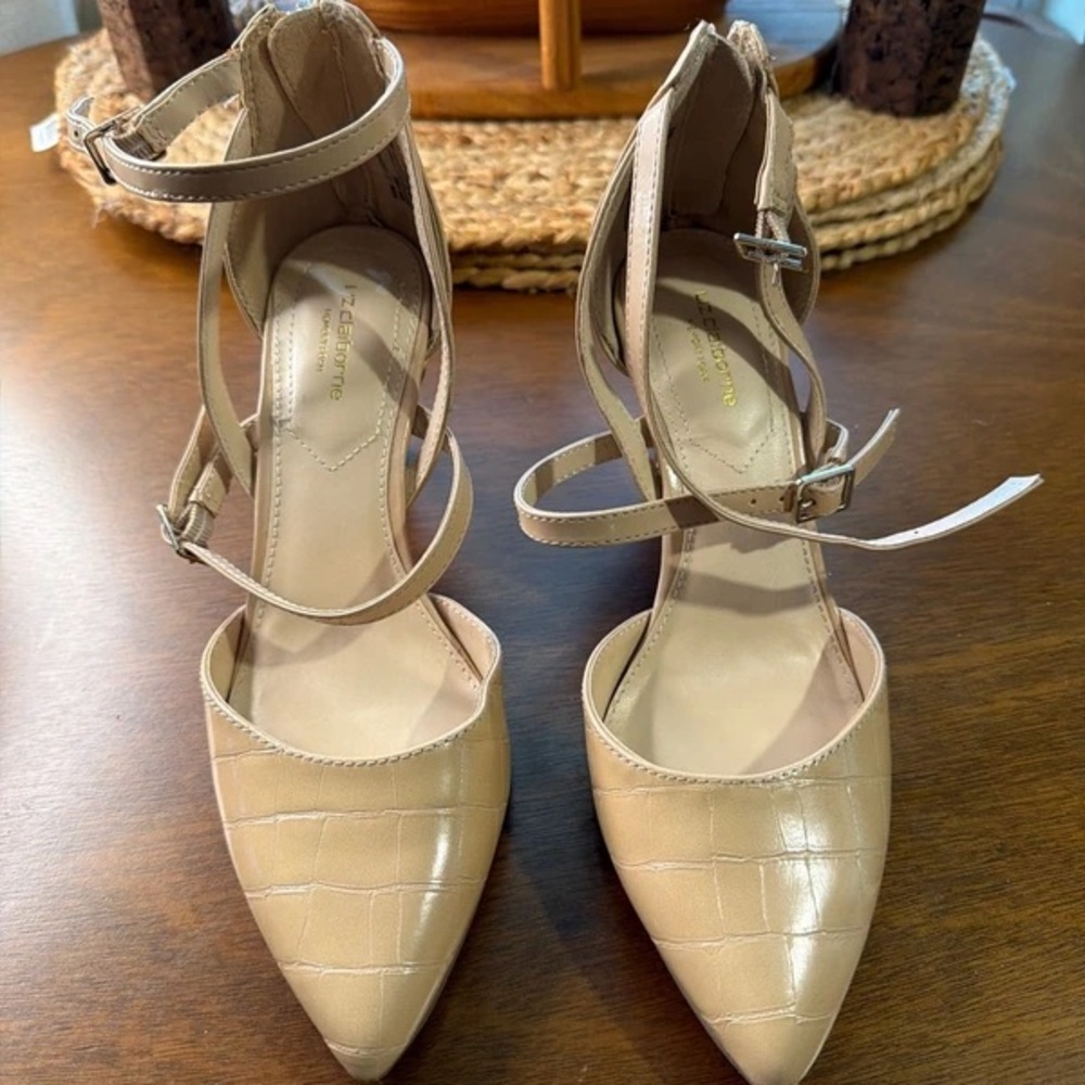 Life Stride Nude Croc-Embossed Pointed Ankle-Strap Pumps